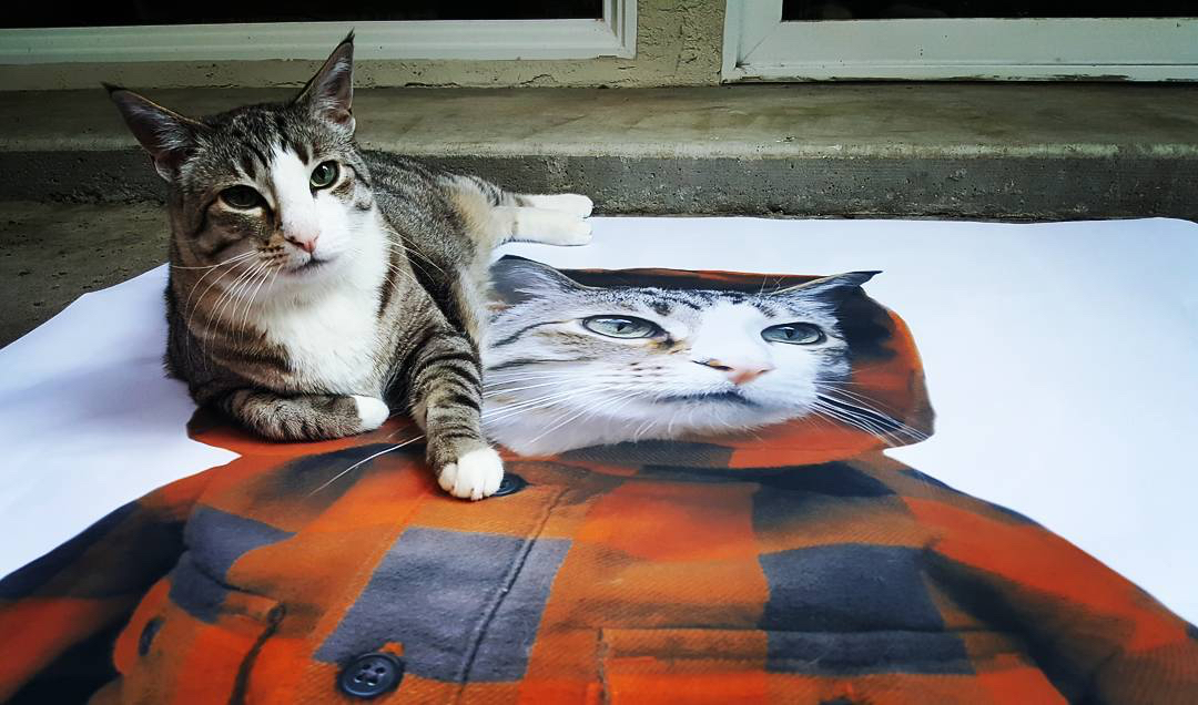 People and Pets in Front of Prints of Themselves