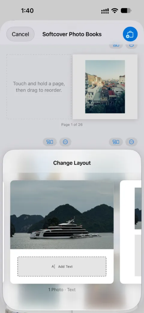 Parabo Press iPhone app showing the Change Layout panel for a Softcover Photo Book page