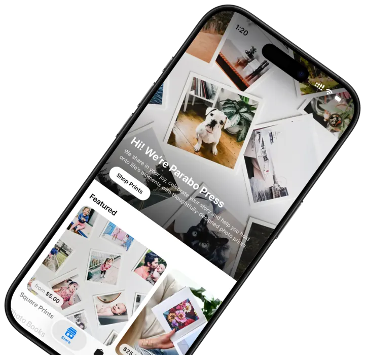 The Parabo Press iPhone app showing featured Square Prints and Photo Books